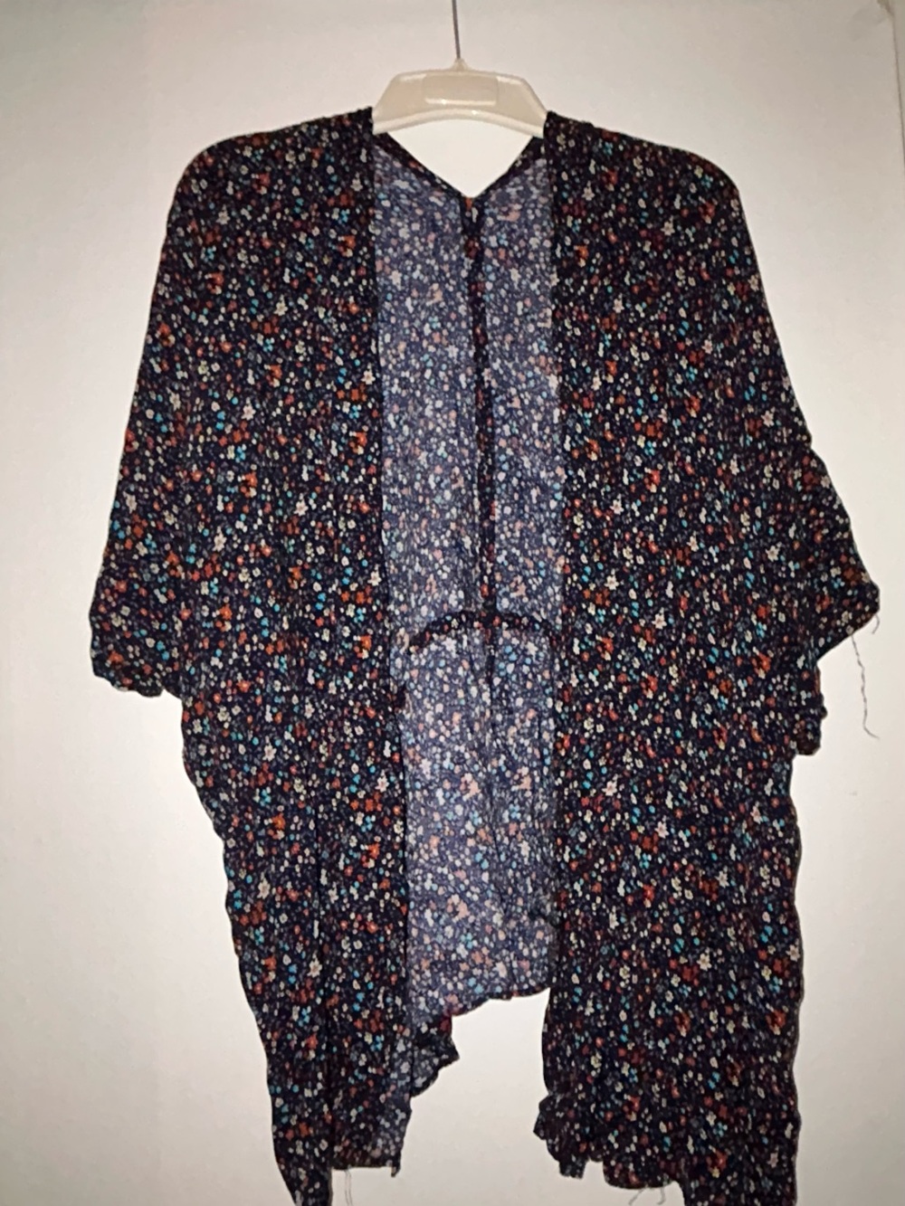 Easel Floral Kimono Cardigan in Navy with Multicolor Ditsy Print